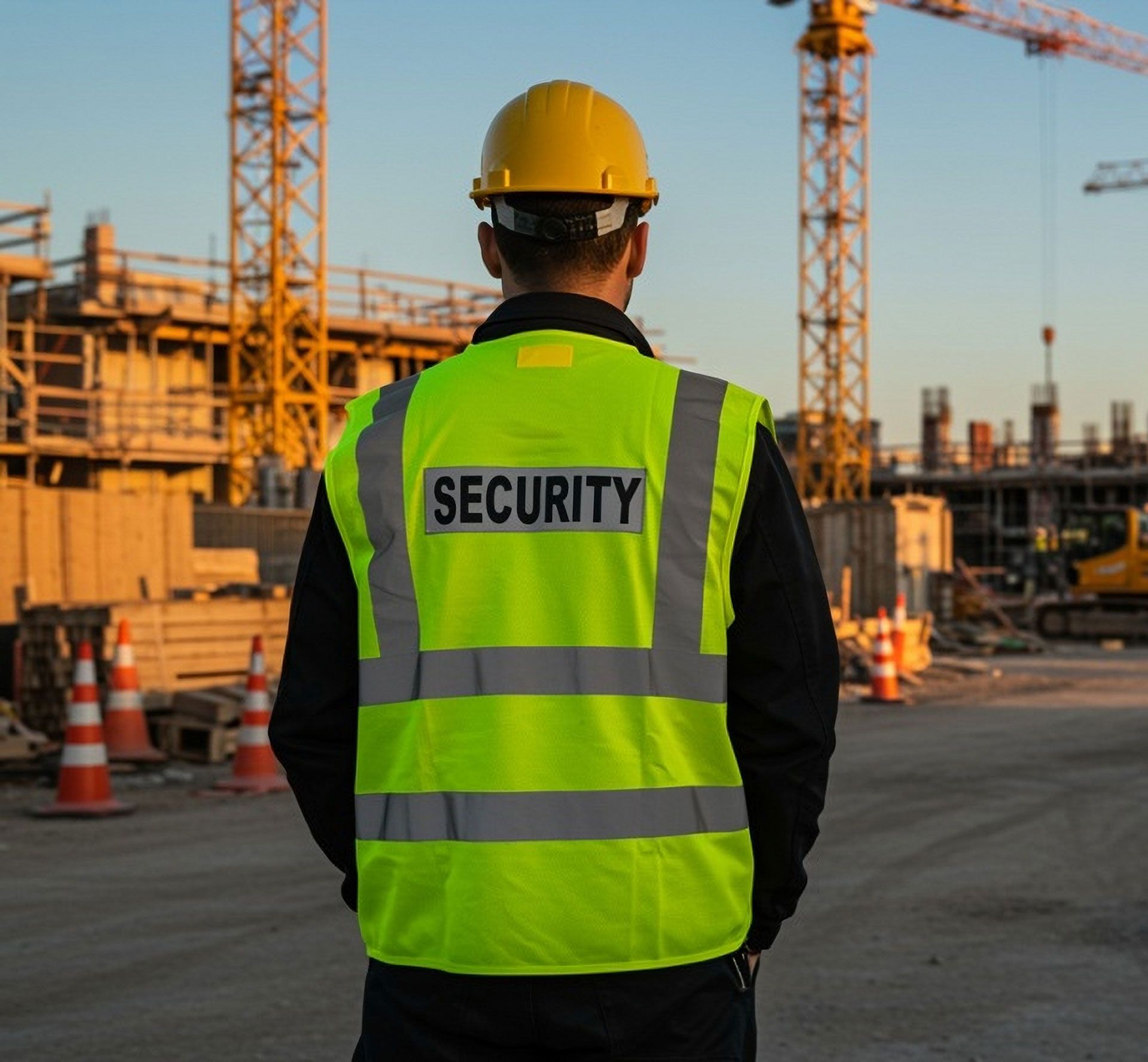 Construction site security guard in a yellow vest and hard hat, standing among cranes at sunset