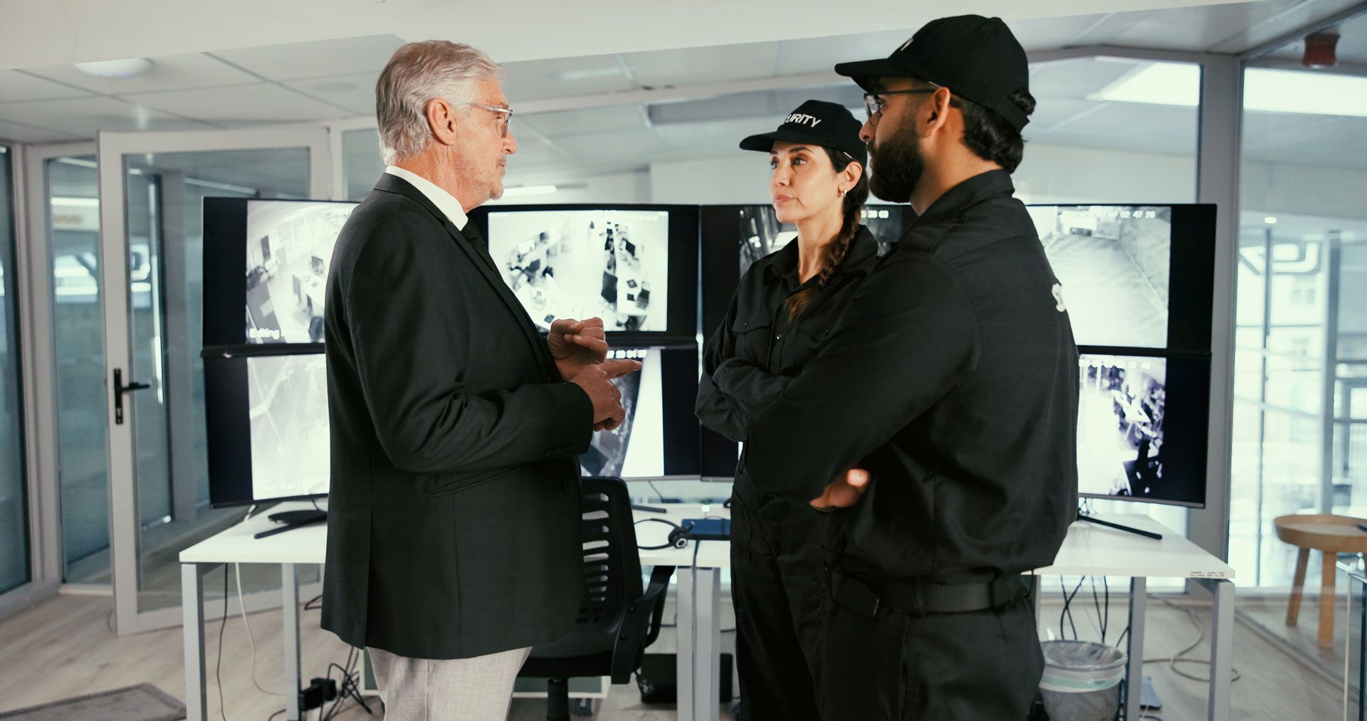 Three people in a modern office discussing artwork on wall monitors.
