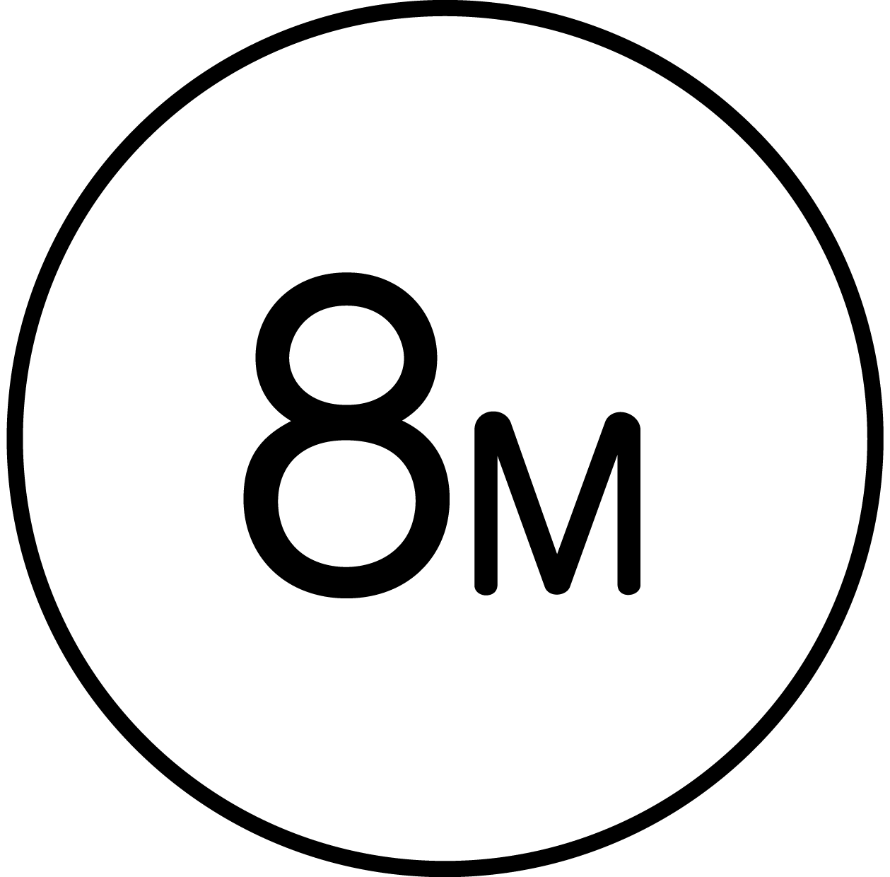 A black and white circle with the number 8m inside of it.