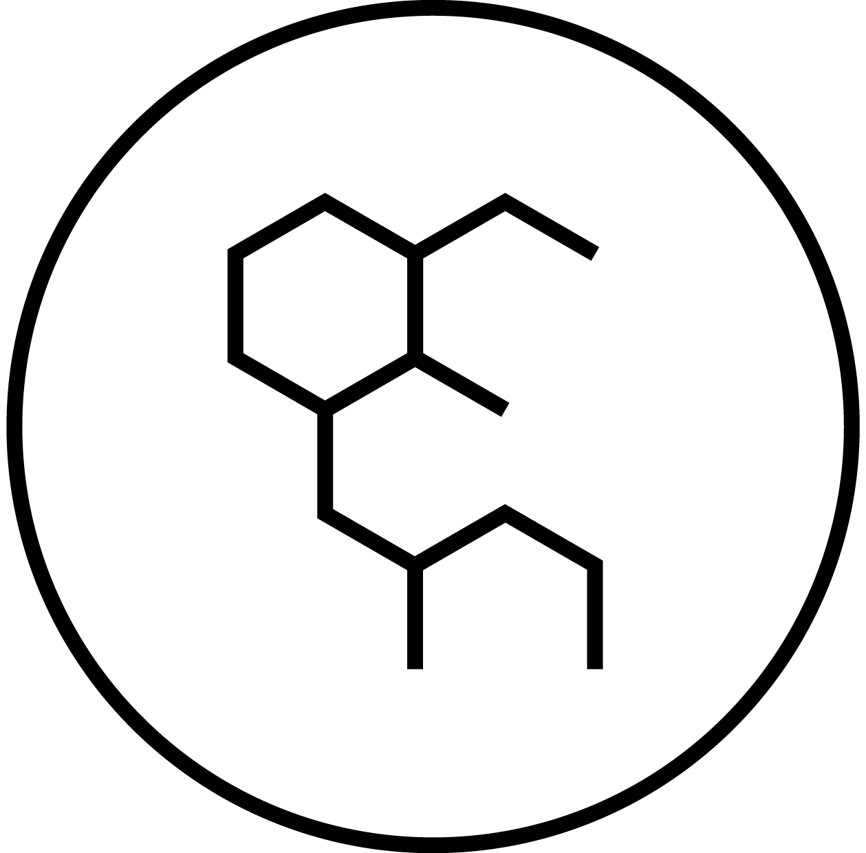 A black and white drawing of a chemical structure in a circle.