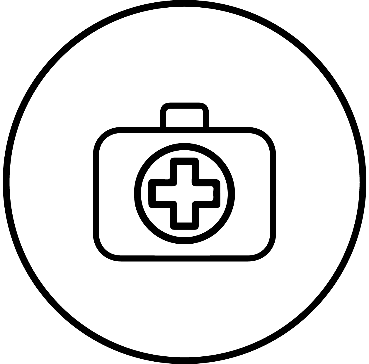 A black and white icon of a first aid kit with a cross in a circle.