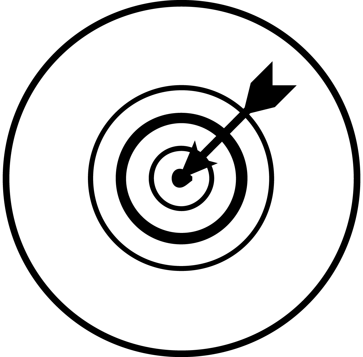 A black and white drawing of a target with an arrow in the center.