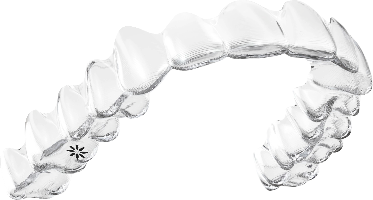 A close up of a clear brace on a white background.
