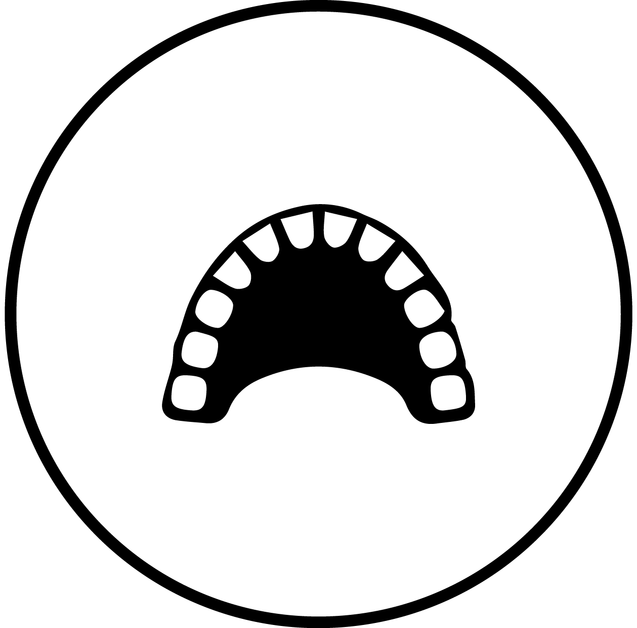 A black and white drawing of a denture in a circle.