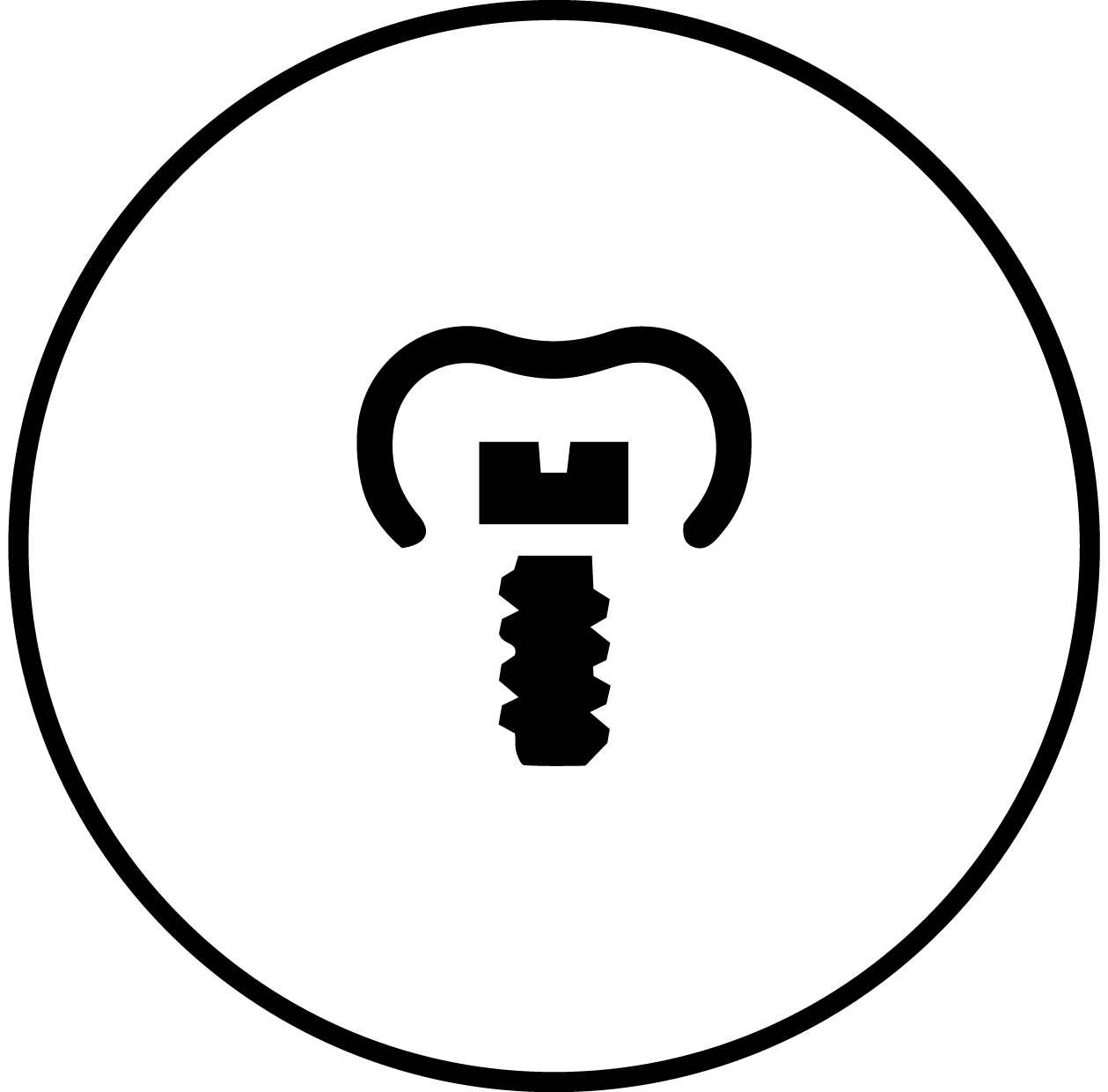 A black and white icon of a dental implant in a circle.
