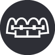 A white icon of braces on a black background in a circle.