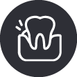 A line drawing of a tooth in a black circle.