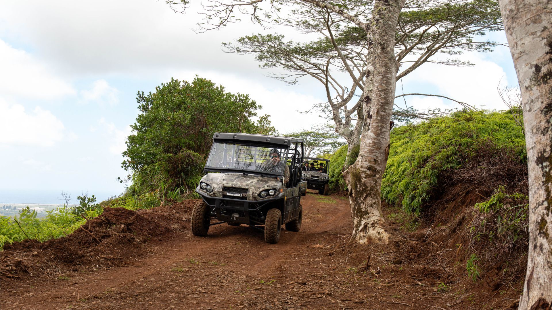 Off-road vehicle on a muddy trail beside a tree and green hillside under a cloudy sky