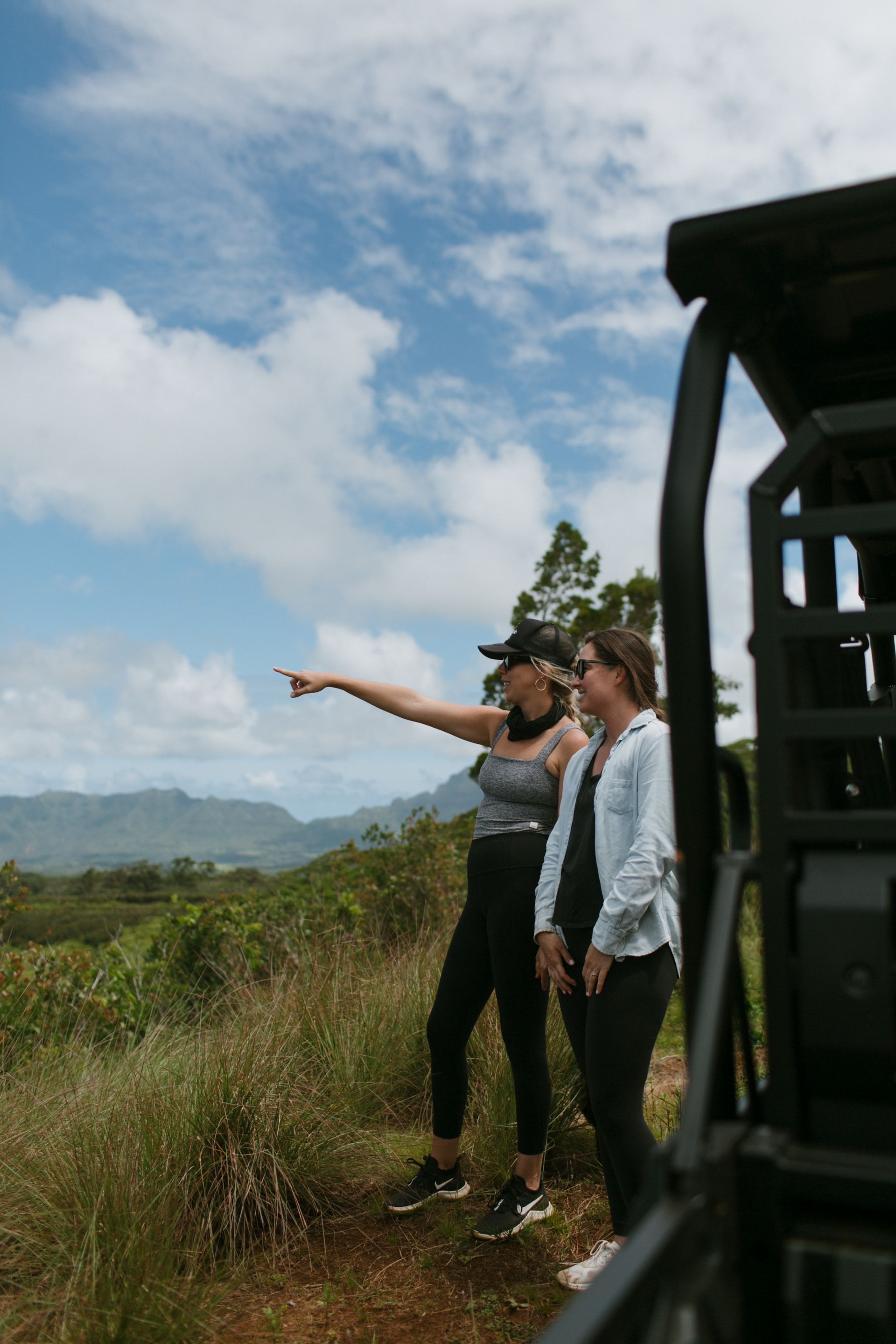 Two people on a hillside, one pointing toward distant mountains under a cloudy sky.