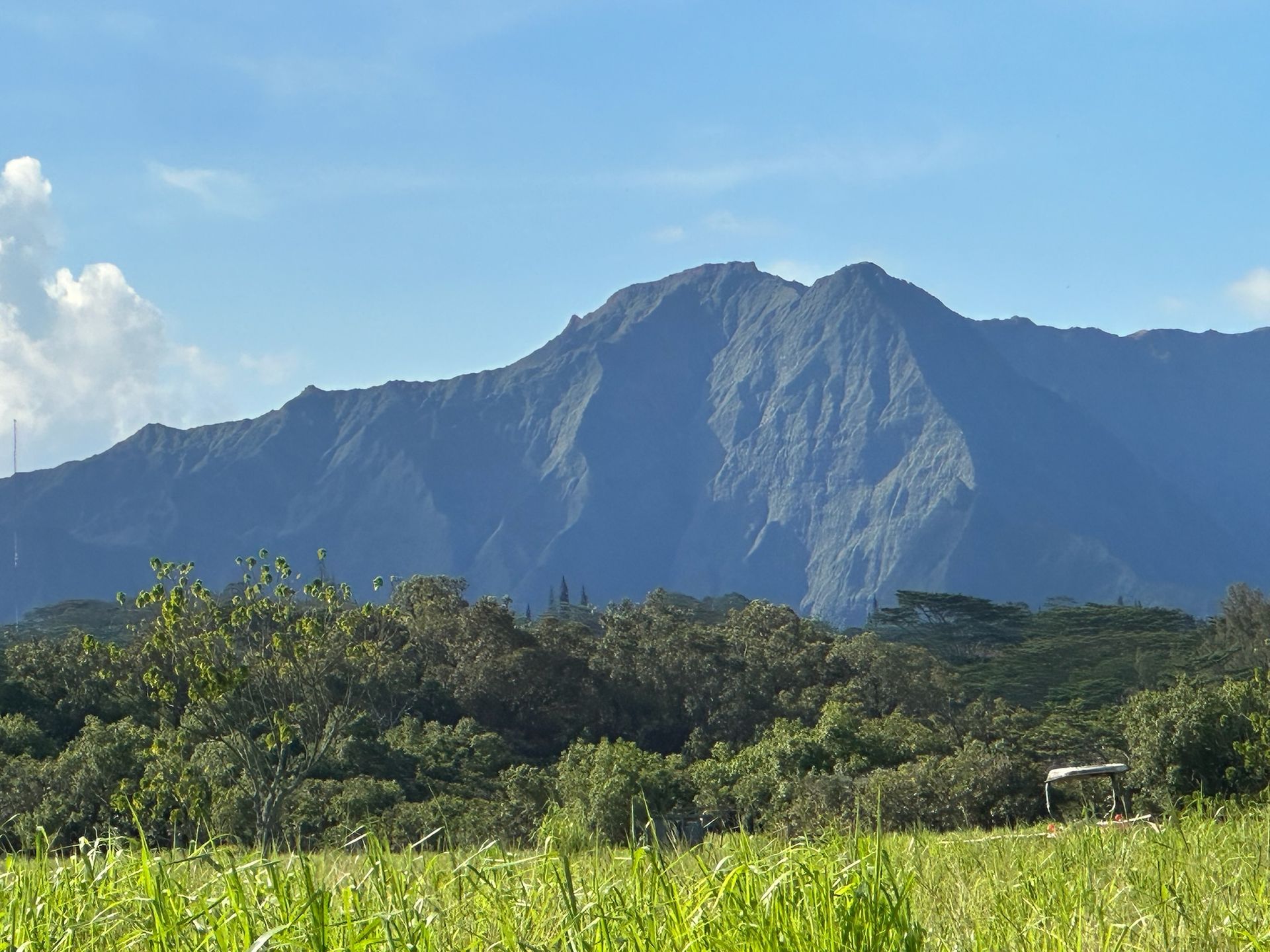 Mountain peak above green fields under a clear blue sky