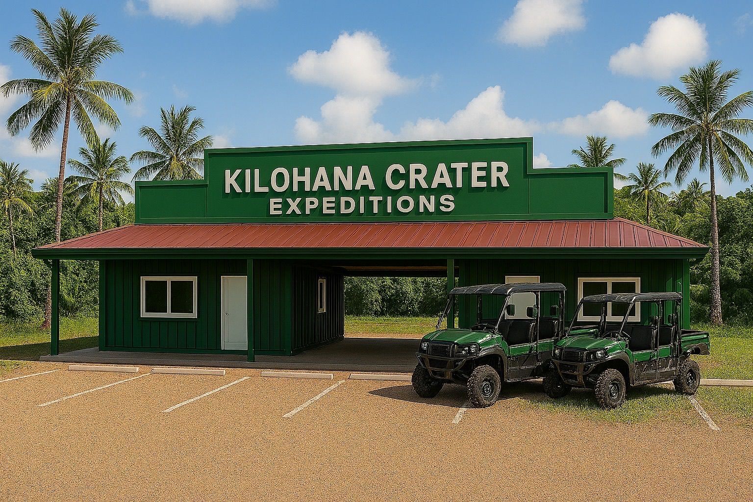 Kilohana Crater Expeditions building with a green sign and a parked off-road vehicle in a tropical setting
