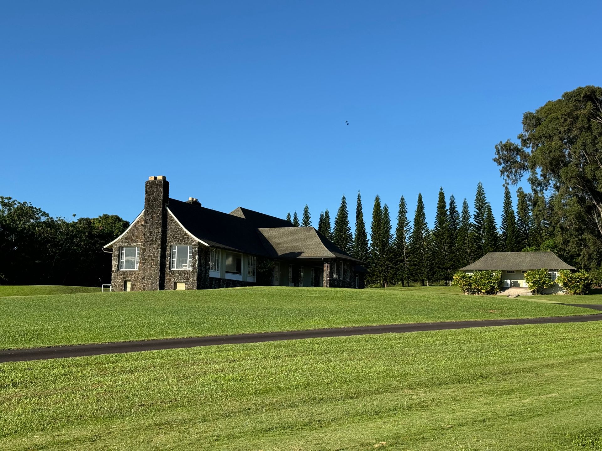 Stone cottage on a grassy hill under a clear blue sky, with tall trees and a small gazebo nearby