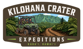 Kilohana Crater Expeditions logo with off-road vehicle in a lush Kauaʻi, Hawaii jungle setting