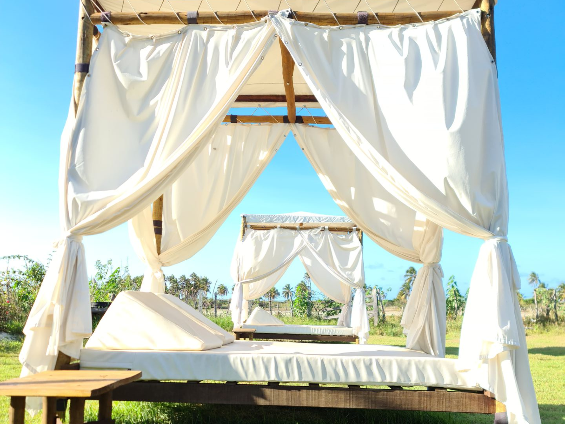 Two white canopy beds on a grassy field under a bright blue sky.