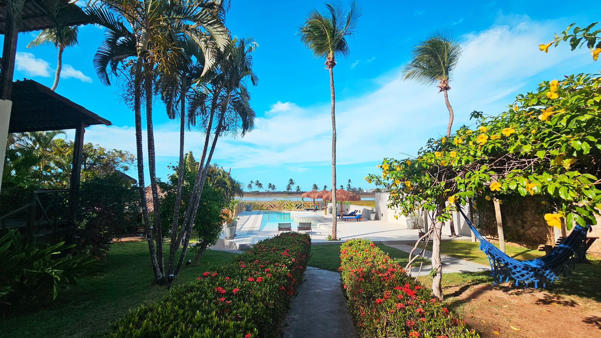 Pathway through a garden leads to a pool and ocean on a sunny day. Palm trees and flowering bushes flank the path.