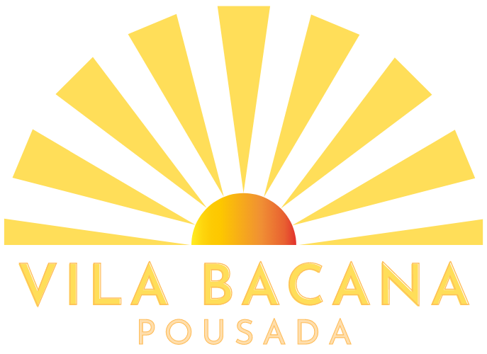 Logo for Vila Bacana Pousada: sunburst design with a yellow and orange sun, yellow rays, and the text "VILA BACANA POUSADA."