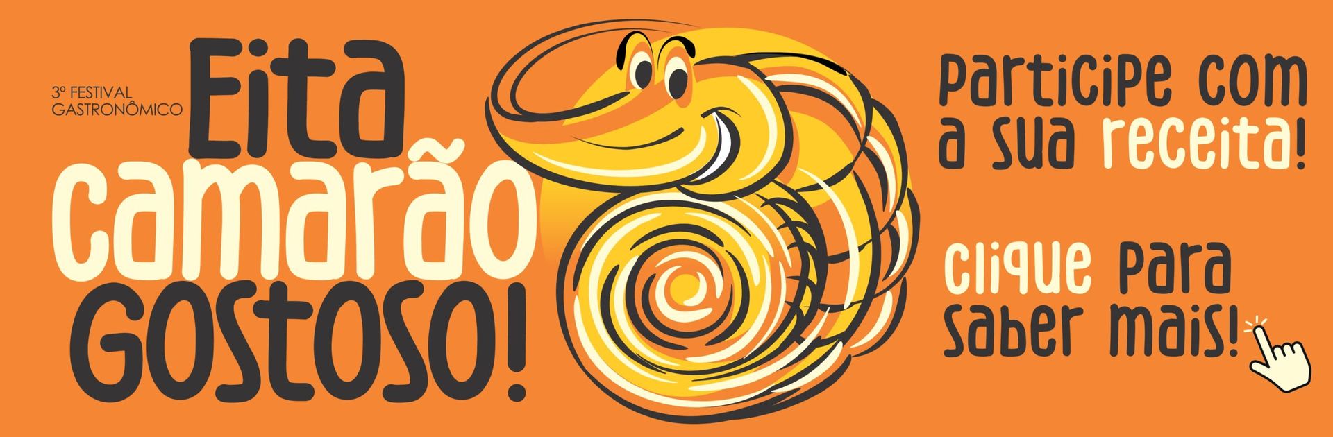 Banner with shrimp illustration; inviting participation with recipes. Orange background and text.