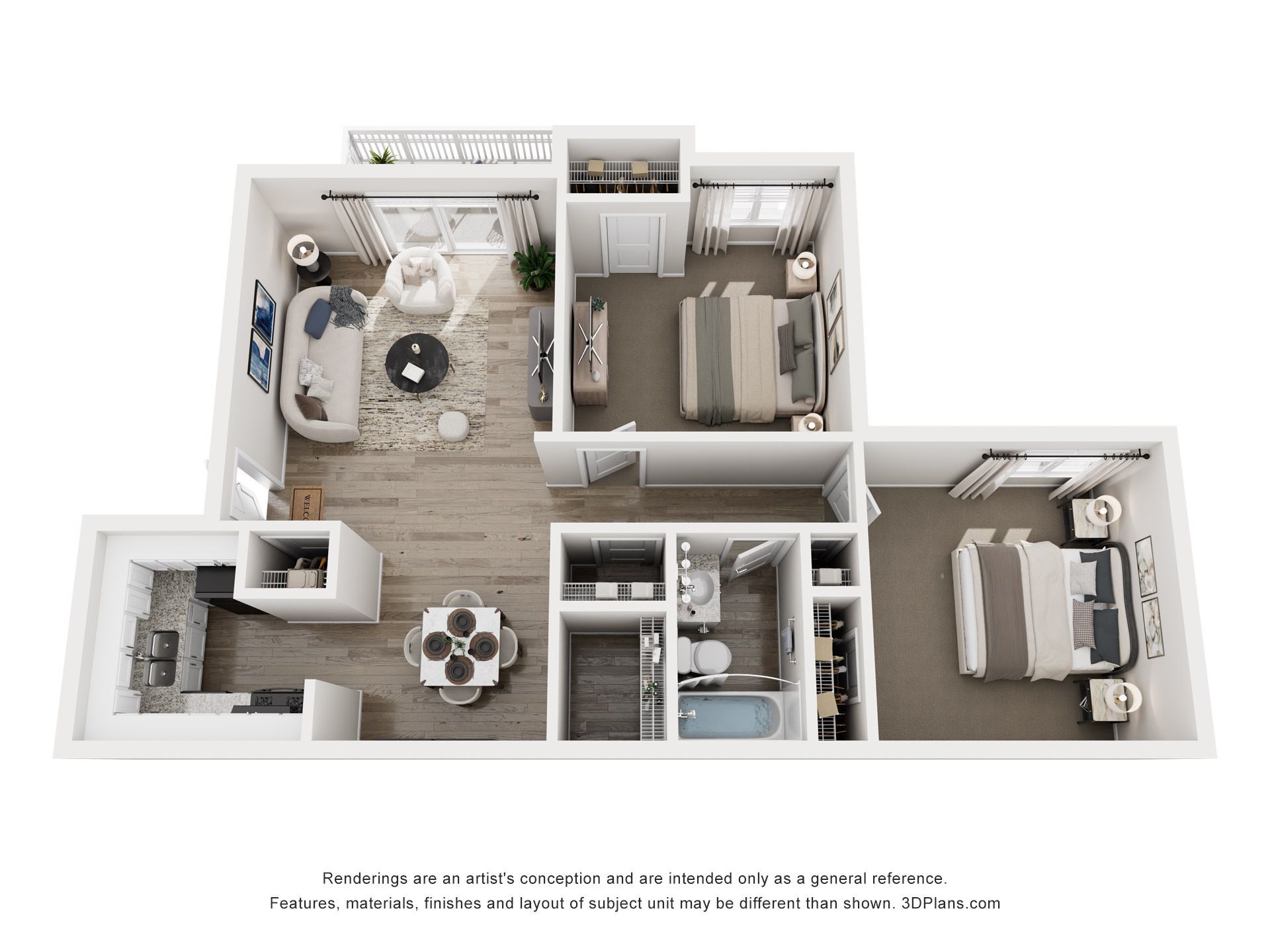 Top-down view of a modern two-bedroom apartment floor plan with living room, kitchen, bath, and bedrooms