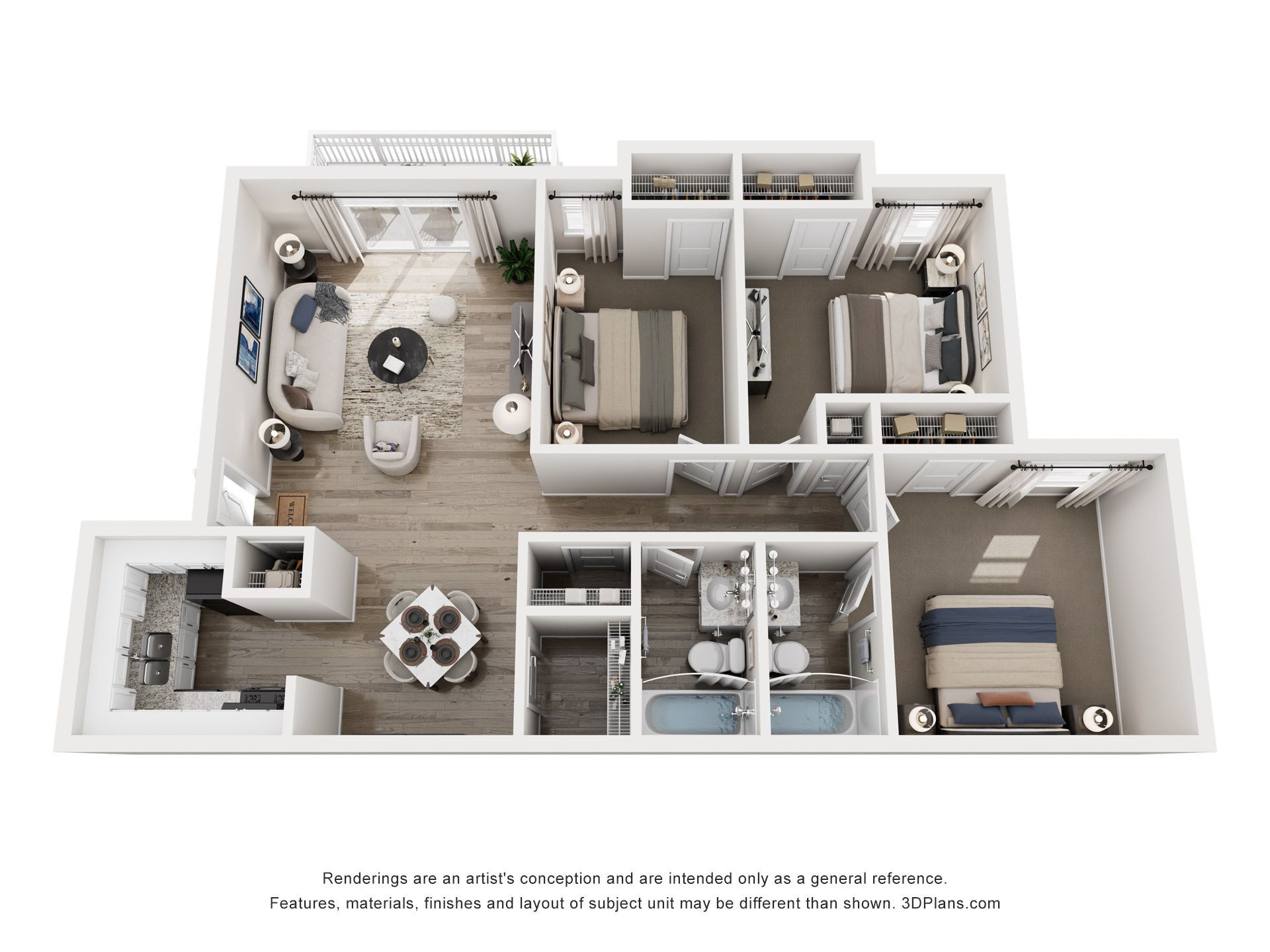 3D floor plan of a small apartment with living room, kitchen, bathroom, and bedroom areas