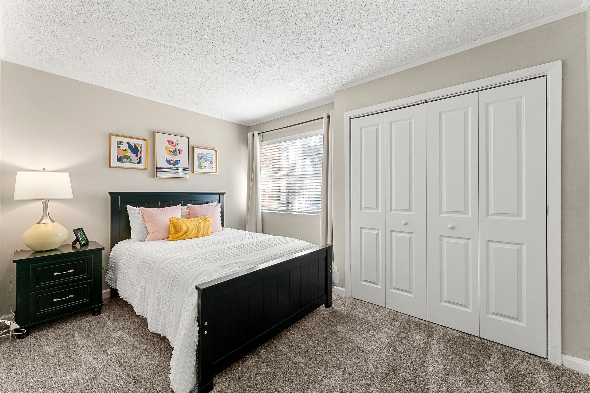 Small bedroom with a black bed, white closet doors, beige carpet, and framed wall art.