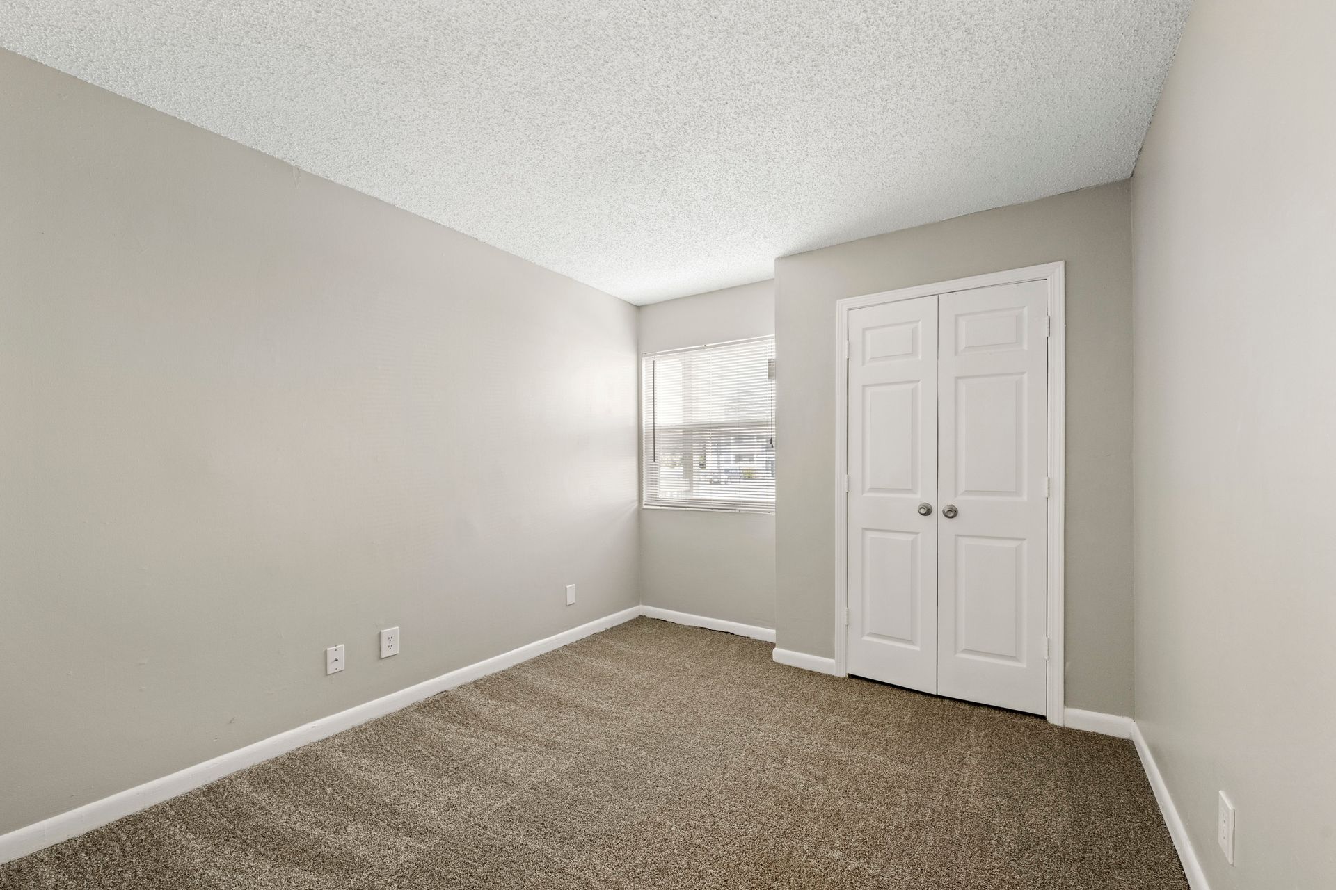 Empty beige bedroom with carpet, window light, and a white double-door closet