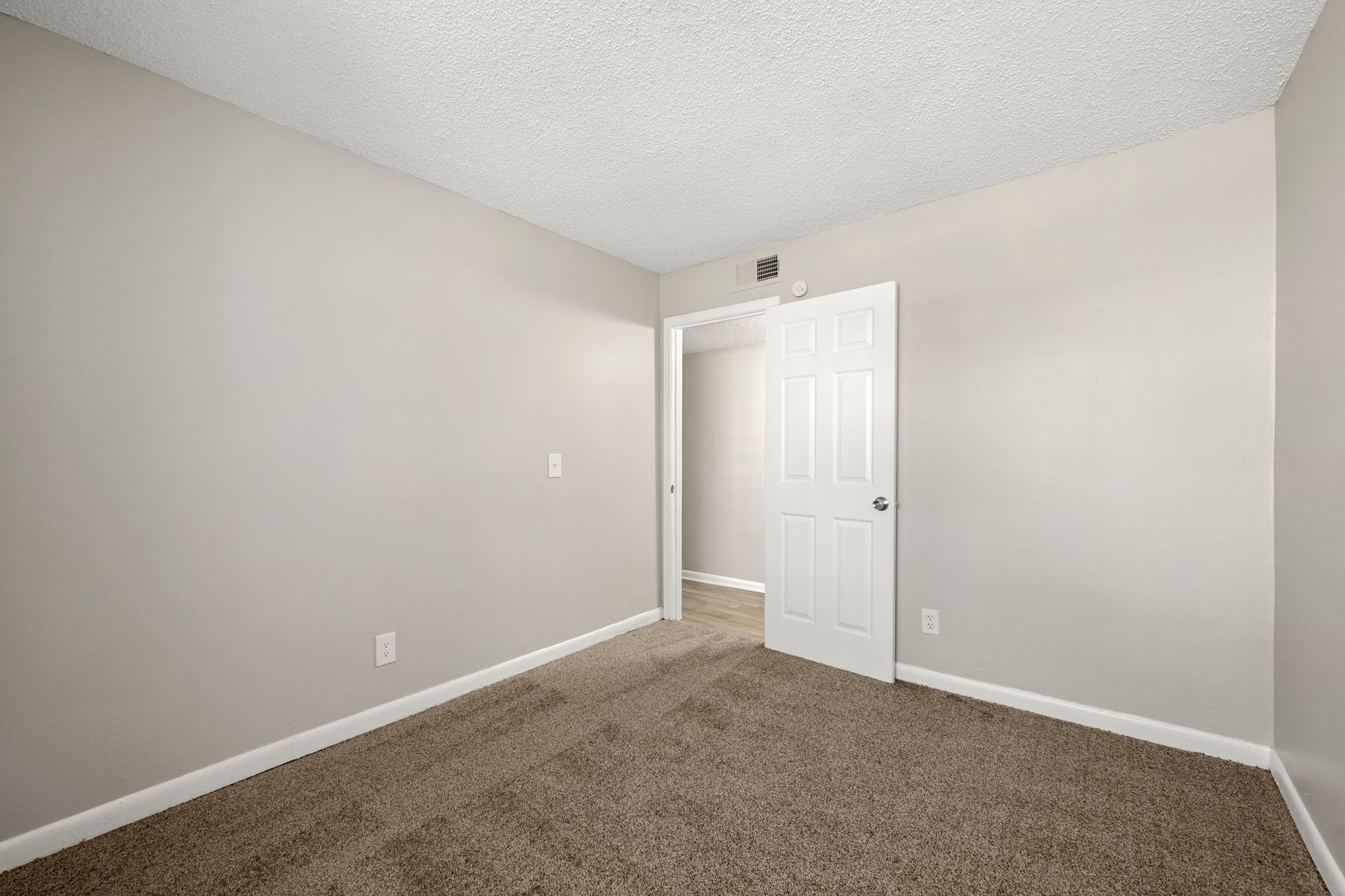 Empty beige carpeted bedroom with light gray walls and white closet door