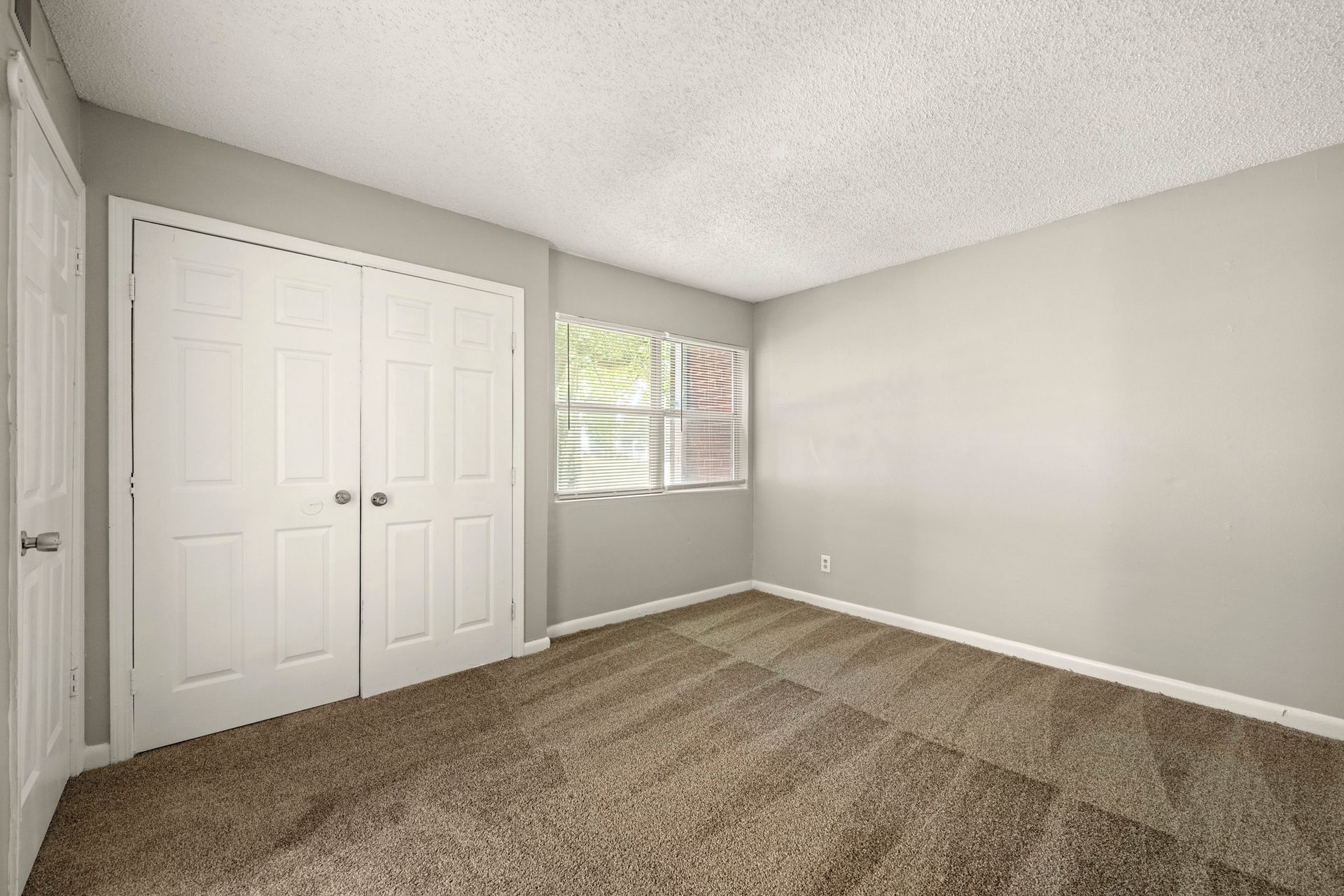 Empty bedroom with beige carpet, gray walls, white closet doors, and a window letting in daylight