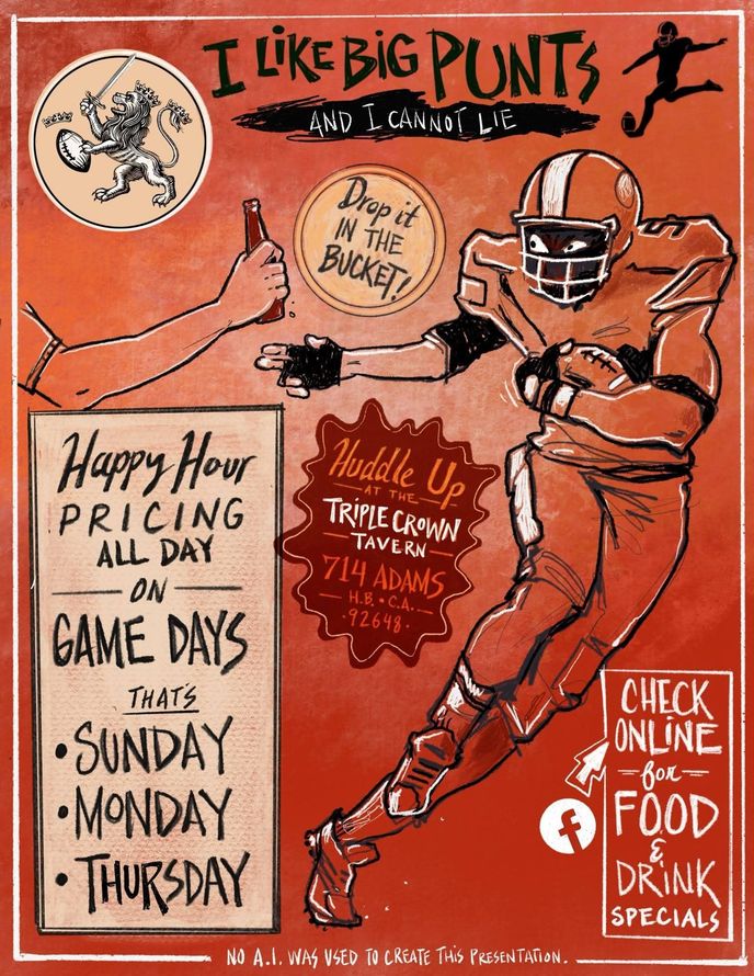 game day happy hour Orange football poster with player, “I Like Big Punts,” and happy hour drink specials for game days.