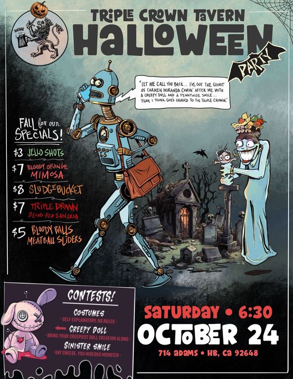 Halloween at Triple Crown Tavern Poster for a Halloween skate event with a skeleton skater, costumed figures, and event details in bold text.