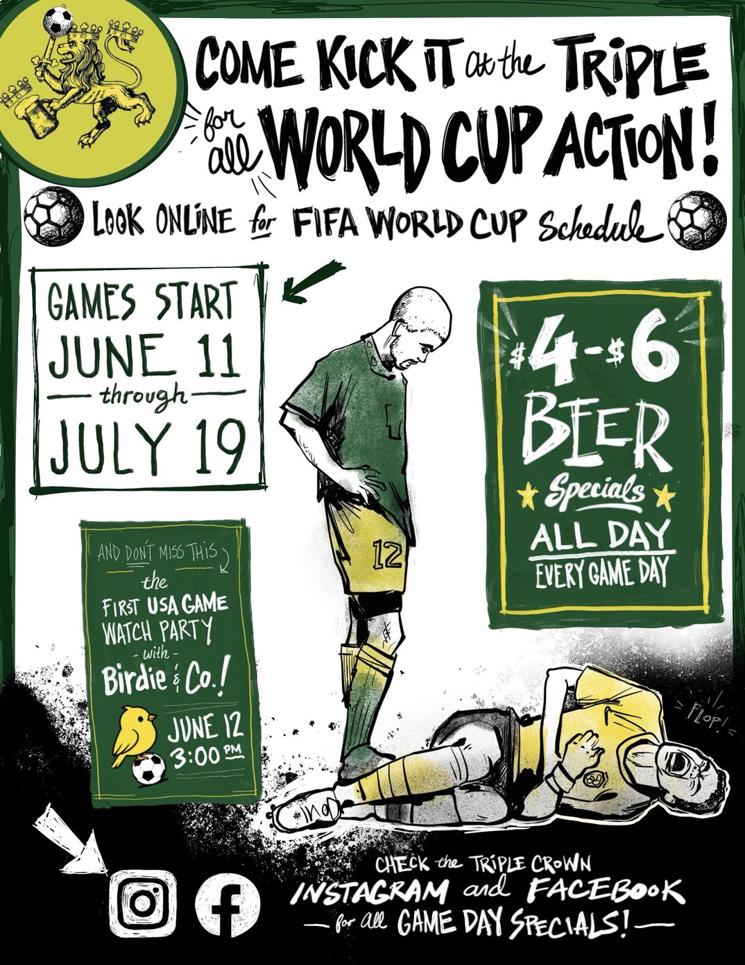 Poster for BIER World Cup Specials: June 11–July 19, 4–6pm daily, with soccer player and beer details