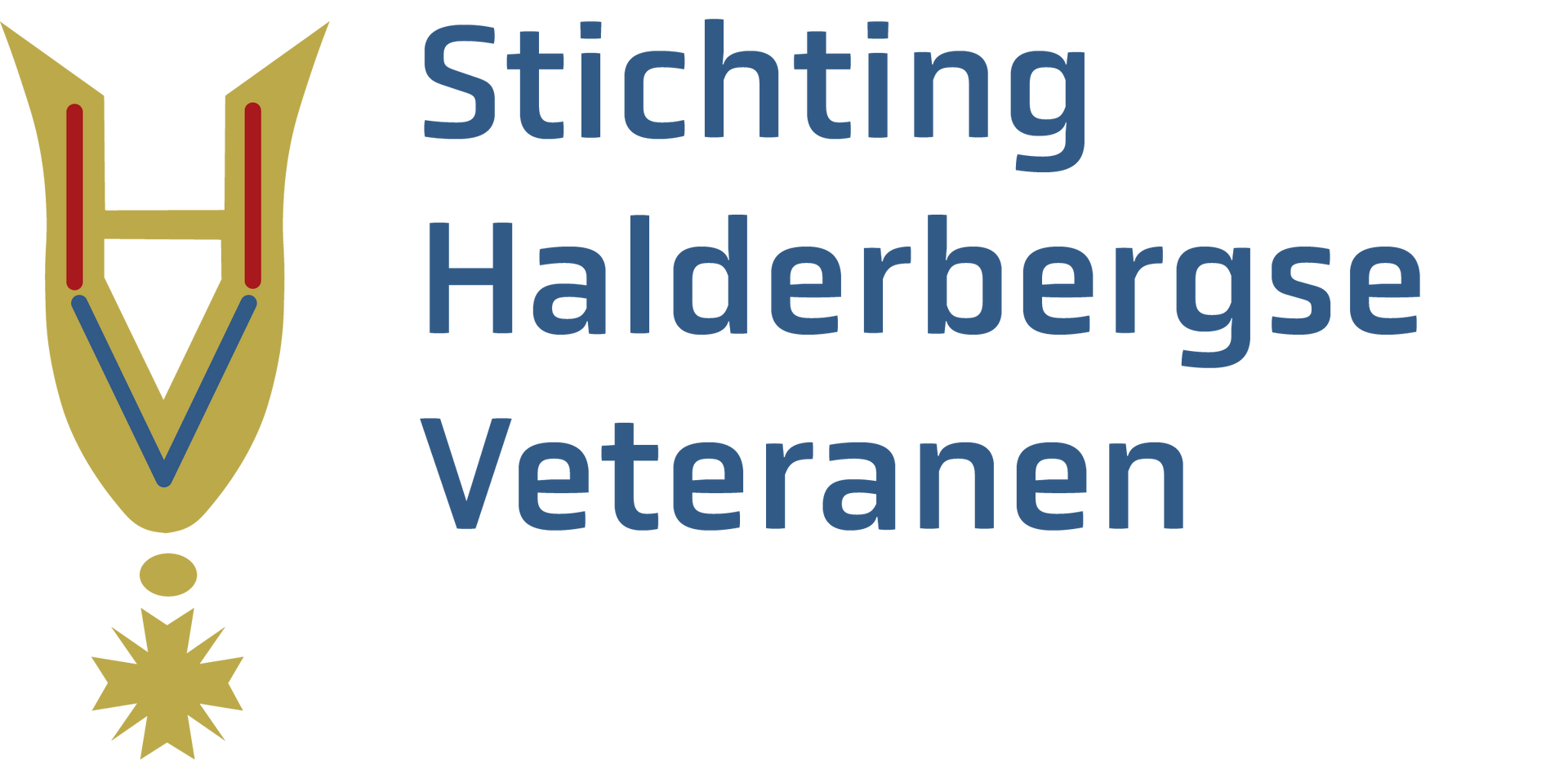 Logo voor Stichting Halderbergse Veteranen met een gestileerd gouden medaille-icoon naast de naam van de organisatie in blauw.