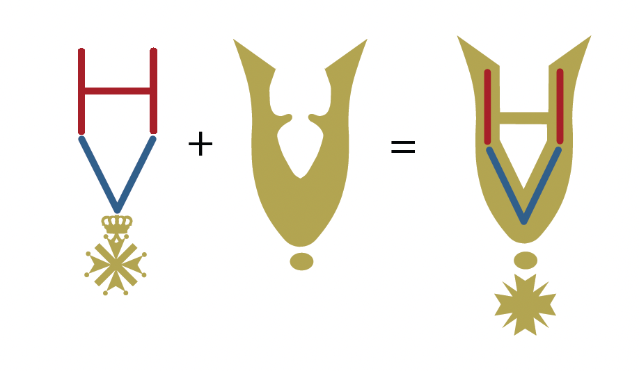 Een vergelijking die laat zien hoe een rood-blauwe chevronvormige medaille in een gouden silhouet wordt geplaatst om een compleet embleem te vormen.