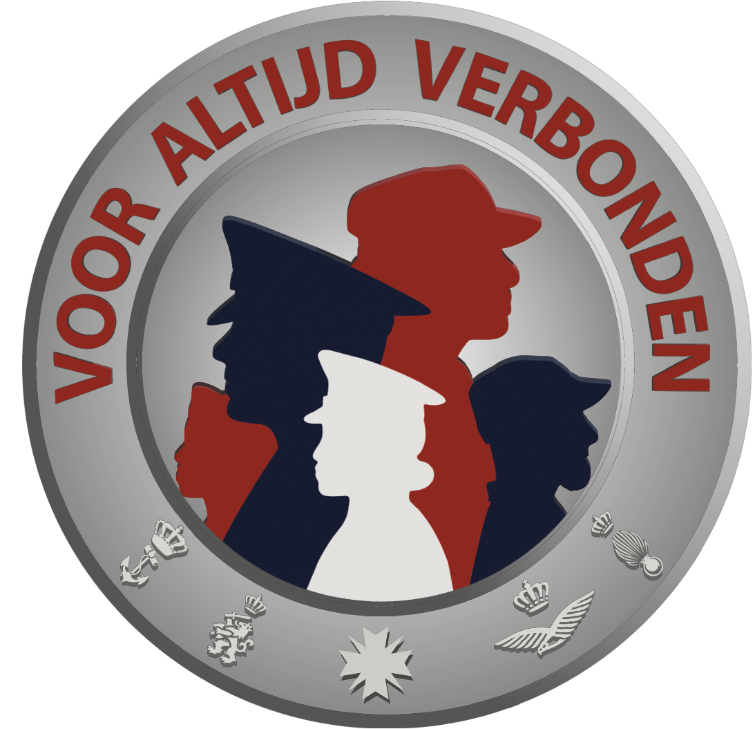 A circular silver emblem featuring four silhouettes in red, blue, and white, with the text