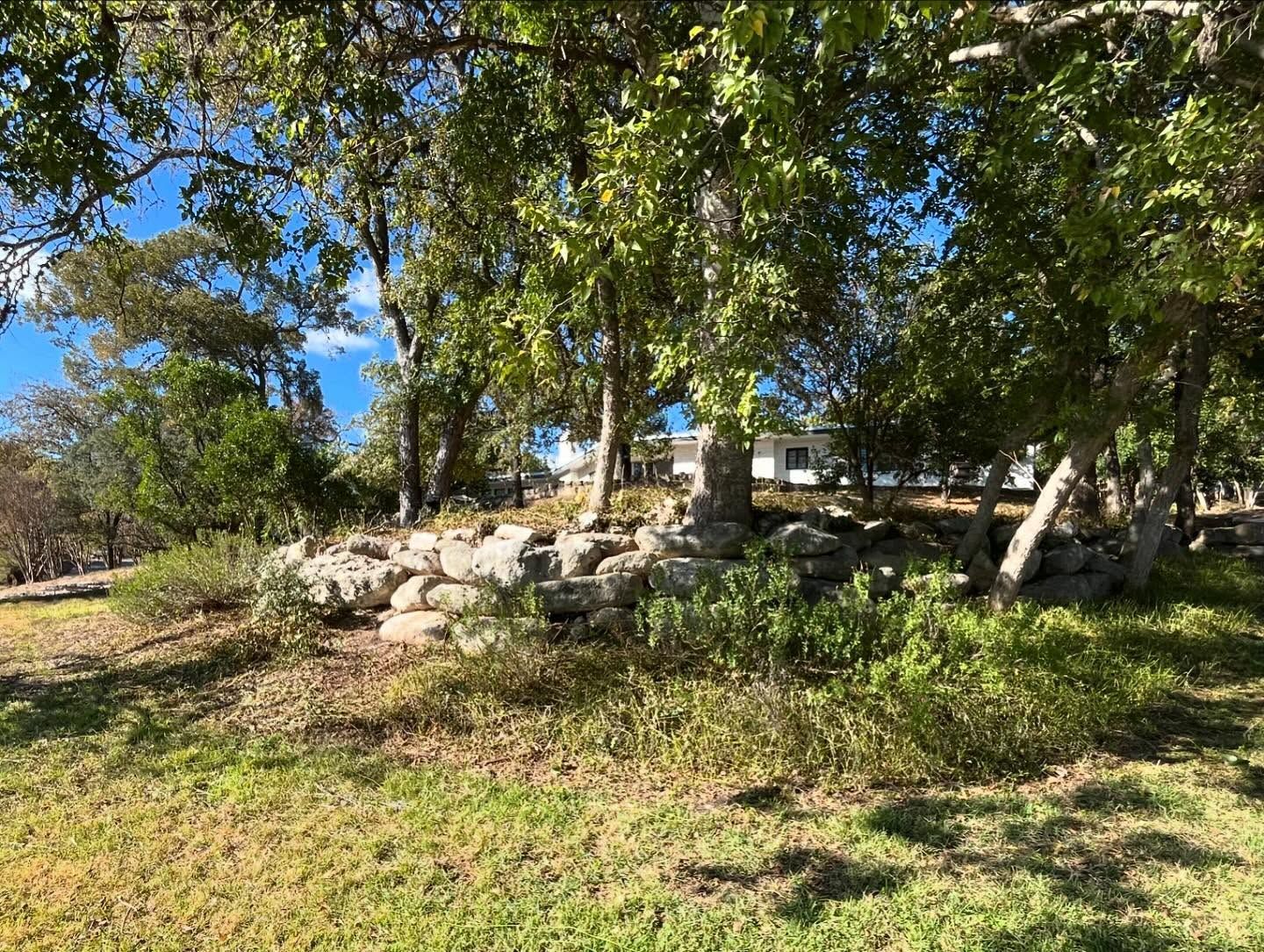 Large rocks form a low retaining wall at the base of a grassy, tree-filled hill in bright sunlight.