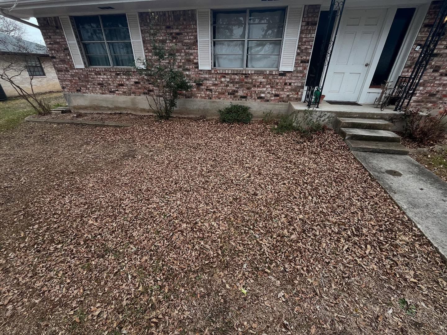 A single-story brick house with a front yard covered in fallen brown leaves and a small concrete walkway to the door.