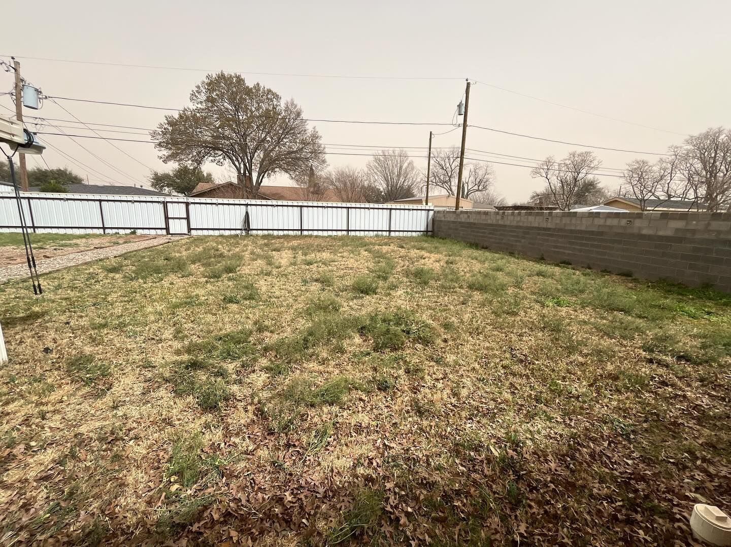 A fenced-in backyard with patchy, dry grass under a hazy, overcast sky.