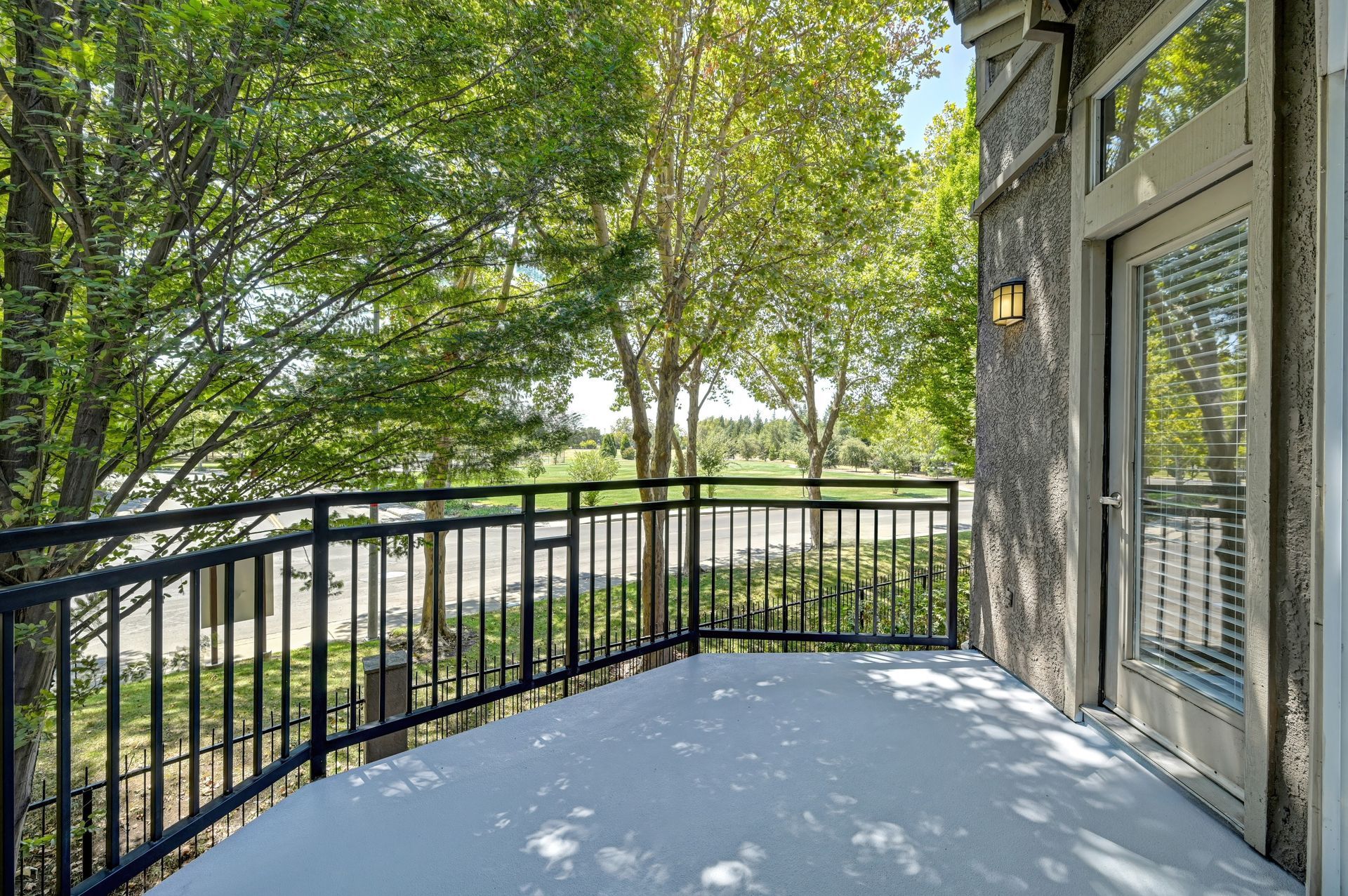 Wooden deck with black railing beside a gray house, overlooking leafy green trees and a road.