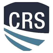 CRS logo with white letters on a dark blue and teal abstract swoosh background