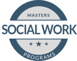 Masters in Social Work Programs logo in blue and gray with stars and circular design