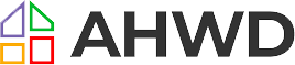 AHWD logo with colorful geometric house icon and bold black letters