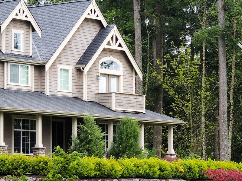 Gray suburban house with white trim and porch, surrounded by lush green shrubs and tall trees