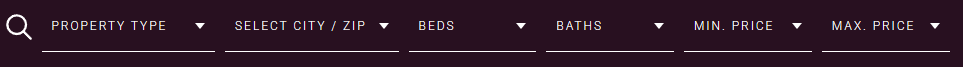 Dark purple website header with white navigation links and a magnifying-glass search icon