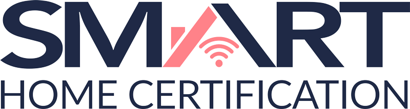 SMART Home Certification logo with dark blue text and pink Wi‑Fi icon above “HOME CERTIFICATION”