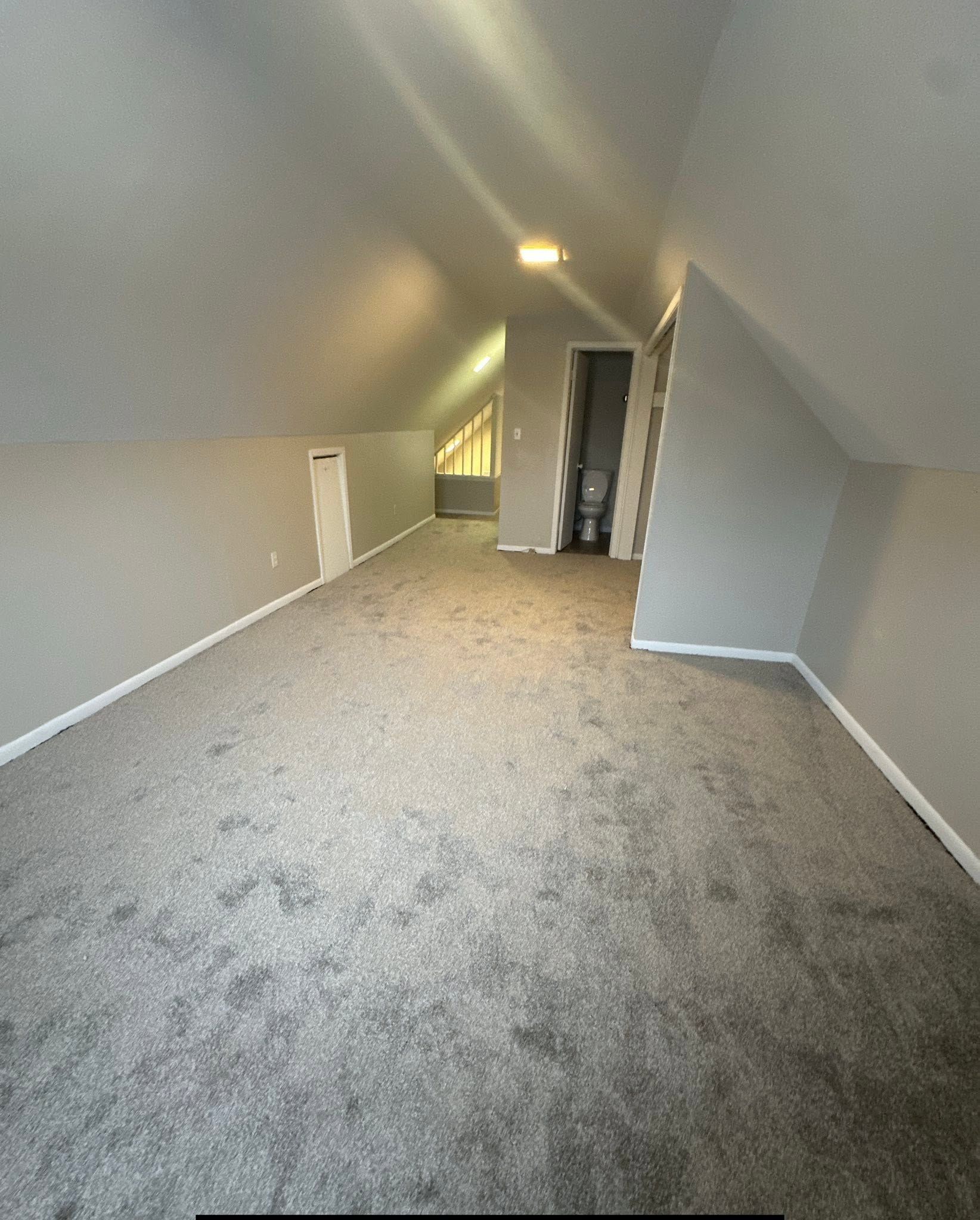 Empty carpeted attic room with sloped ceiling, gray walls, and a small light fixture.
