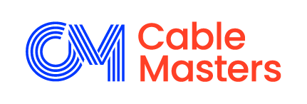 Het Cable Masters-logo met het blauwe CM-monogram en oranje tekst op een witte achtergrond.