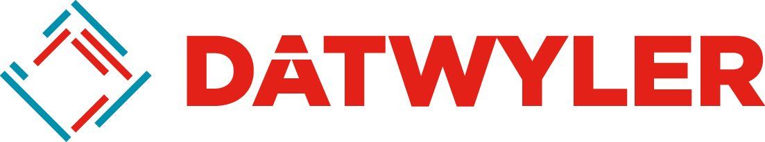 DATWYLER-logo met een geometrisch pictogram in turquoise en rood en rode tekst op een witte achtergrond.
