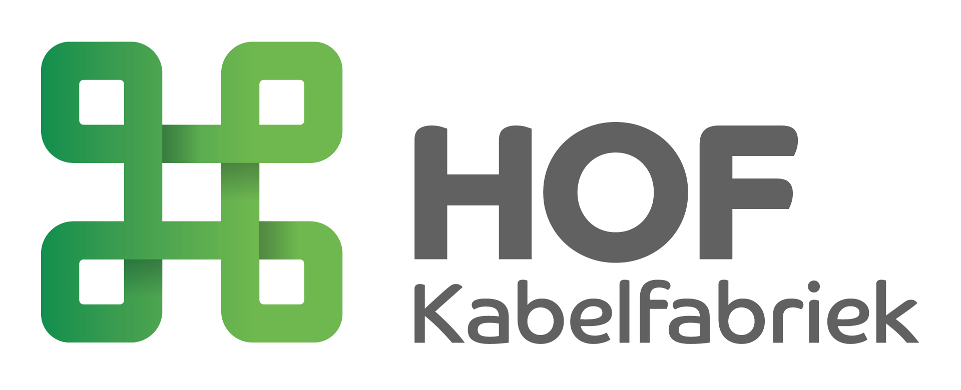 HOF Kabelfabriek-logo met groen in elkaar grijpend icoon en grijze tekst op een witte achtergrond.