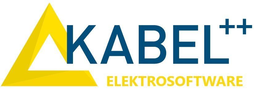 KABEL++ logo in blauw en geel met een gestileerde gele driehoek en de tekst 