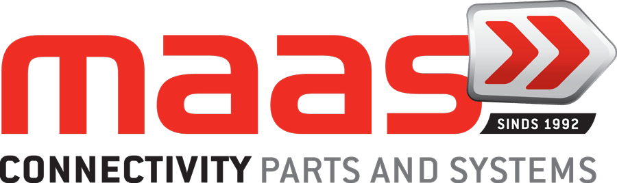 Maas-logo met rood woordmerk en pijlpictogram, slogan 