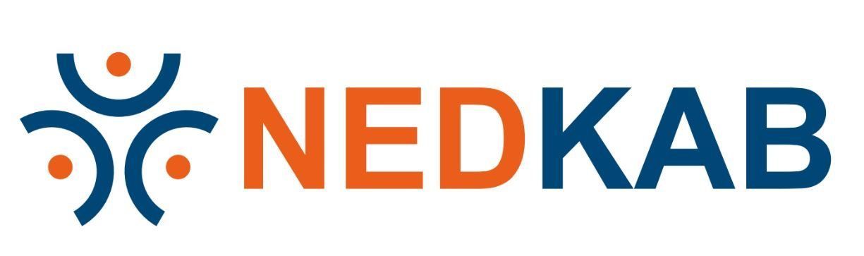 NEDKAB-logo met oranje en blauwe tekst en een abstract persoonsicoon.